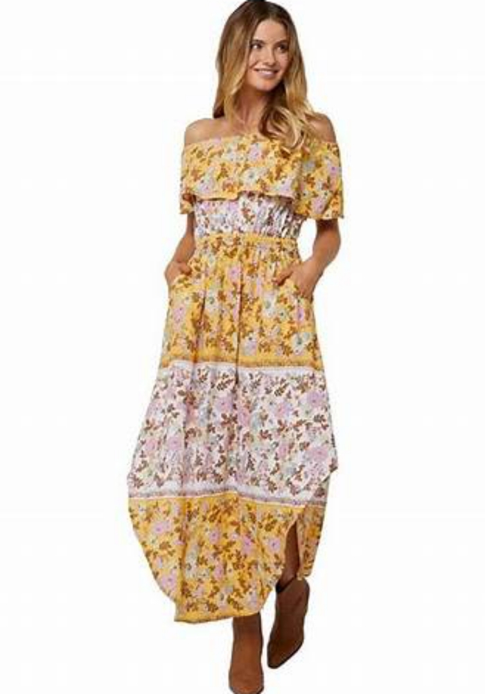 O’NEILL Ziggi Sunshine Yellow Boho Floral Boho Off The Shoulder Midi Dress NWT - Picture 14 of 14